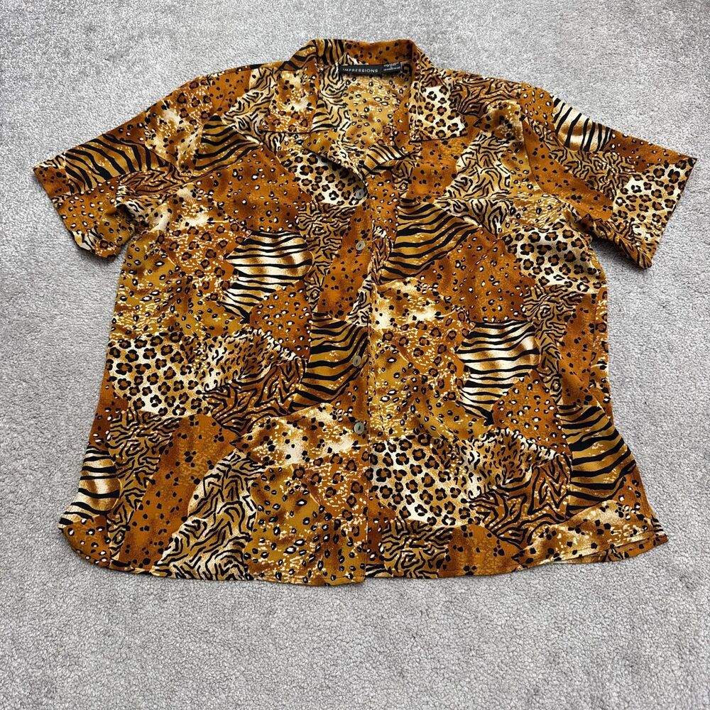 Vintage 90s Impressions Short Sleeve Blouse Womens L Brown Animal Print Padded